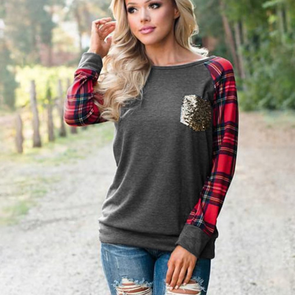 Plaid Sleeved Sequin Pocket Long Sleeve Top